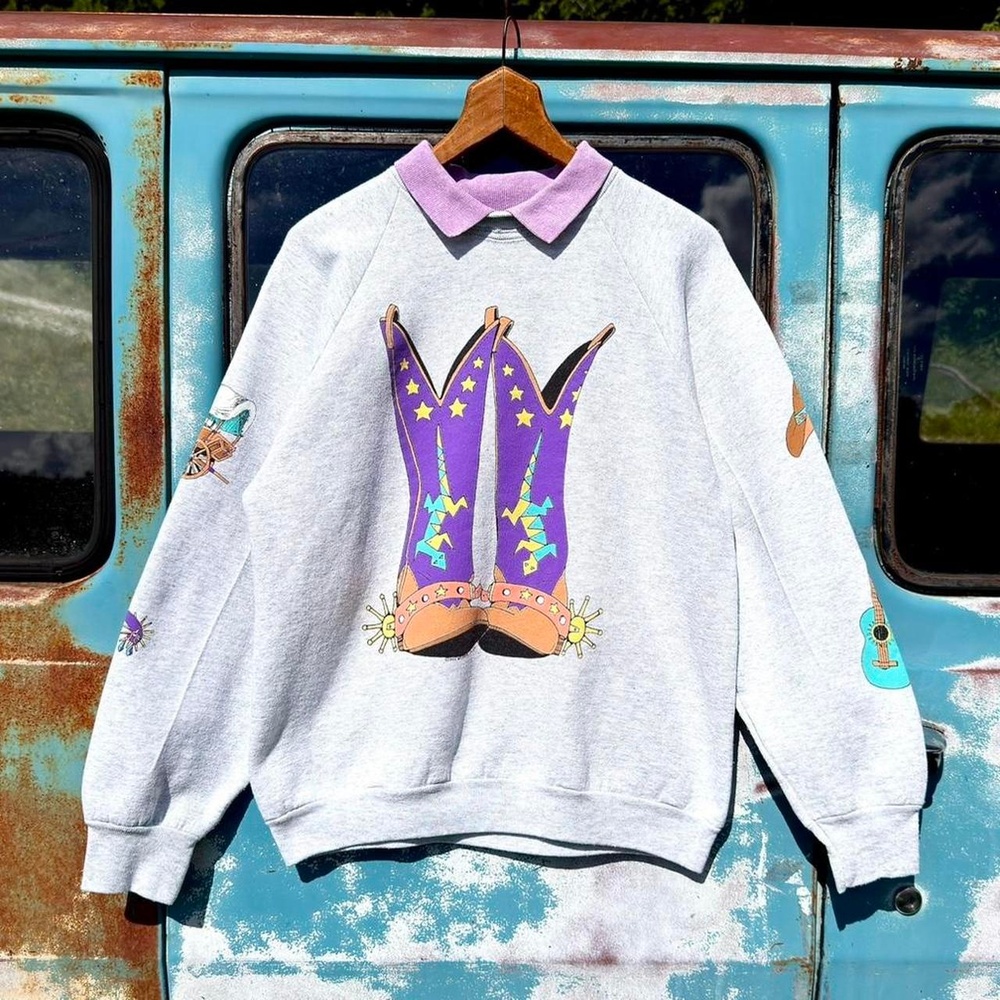 90s wild side gray cowboy novelty collared crewneck sweatshirt